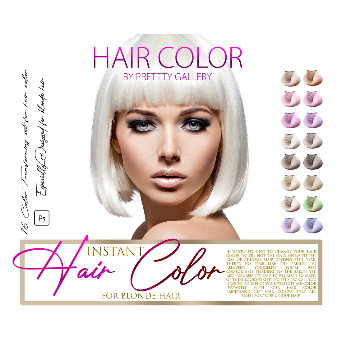 16 Hair Color Photoshop Actions, Beauty Blonde ACR Preset, Hairstyle girl Filter, Portrait And Lifestyle Theme For Instagram, Blogger, Outdoor cover image.