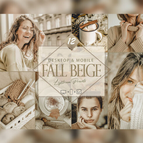 12 Fall Beige Lightroom Presets, Autumn Mobile Preset, Moody Desktop LR Filter DNG Portrait Lifestyle Top Theme Blogger Instagram cover image.