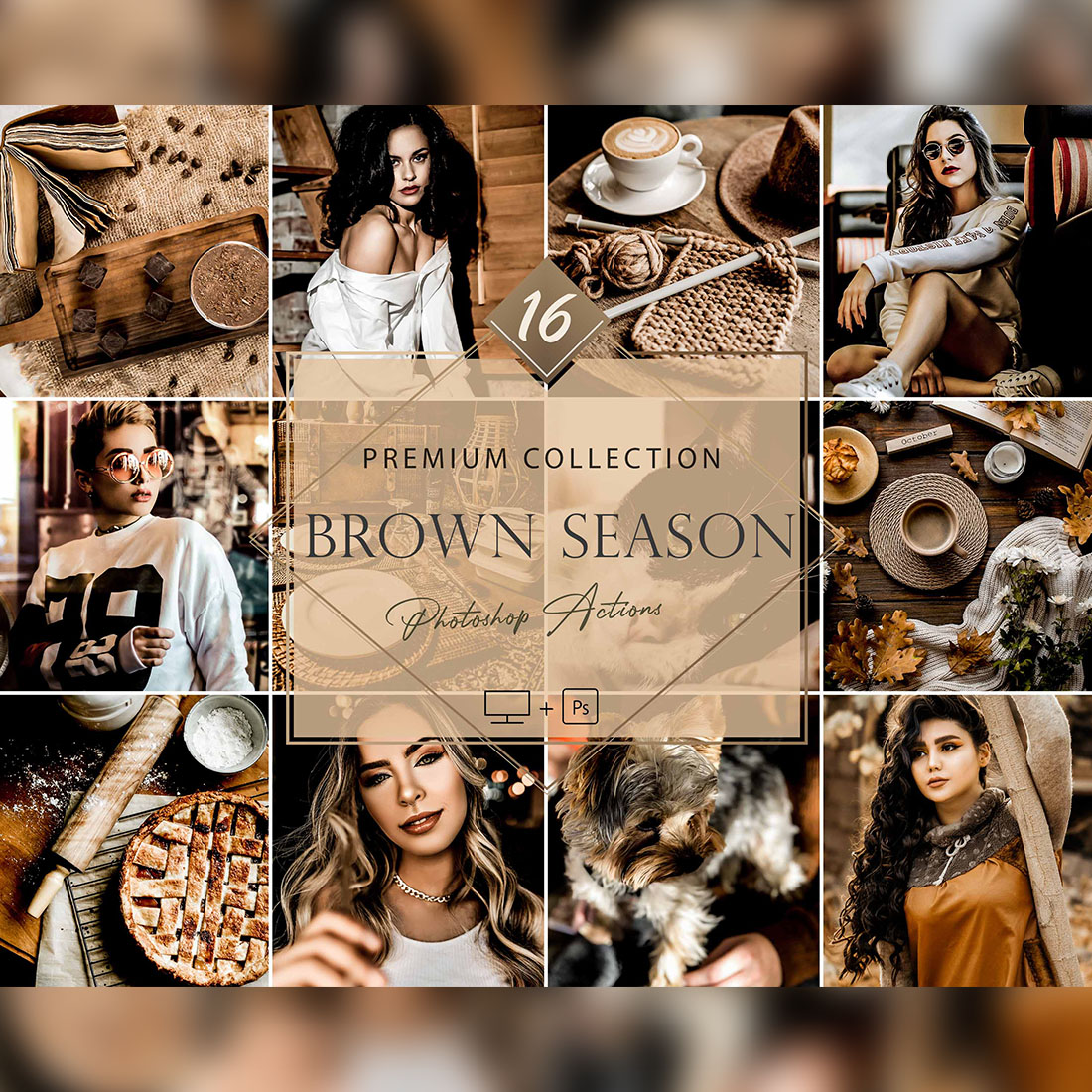 16 Photoshop Actions, Brown Season Ps Action, Moody ACR Preset, Fall Filter, Lifestyle Theme For Instagram, Dark Presets, Warm portrait cover image.