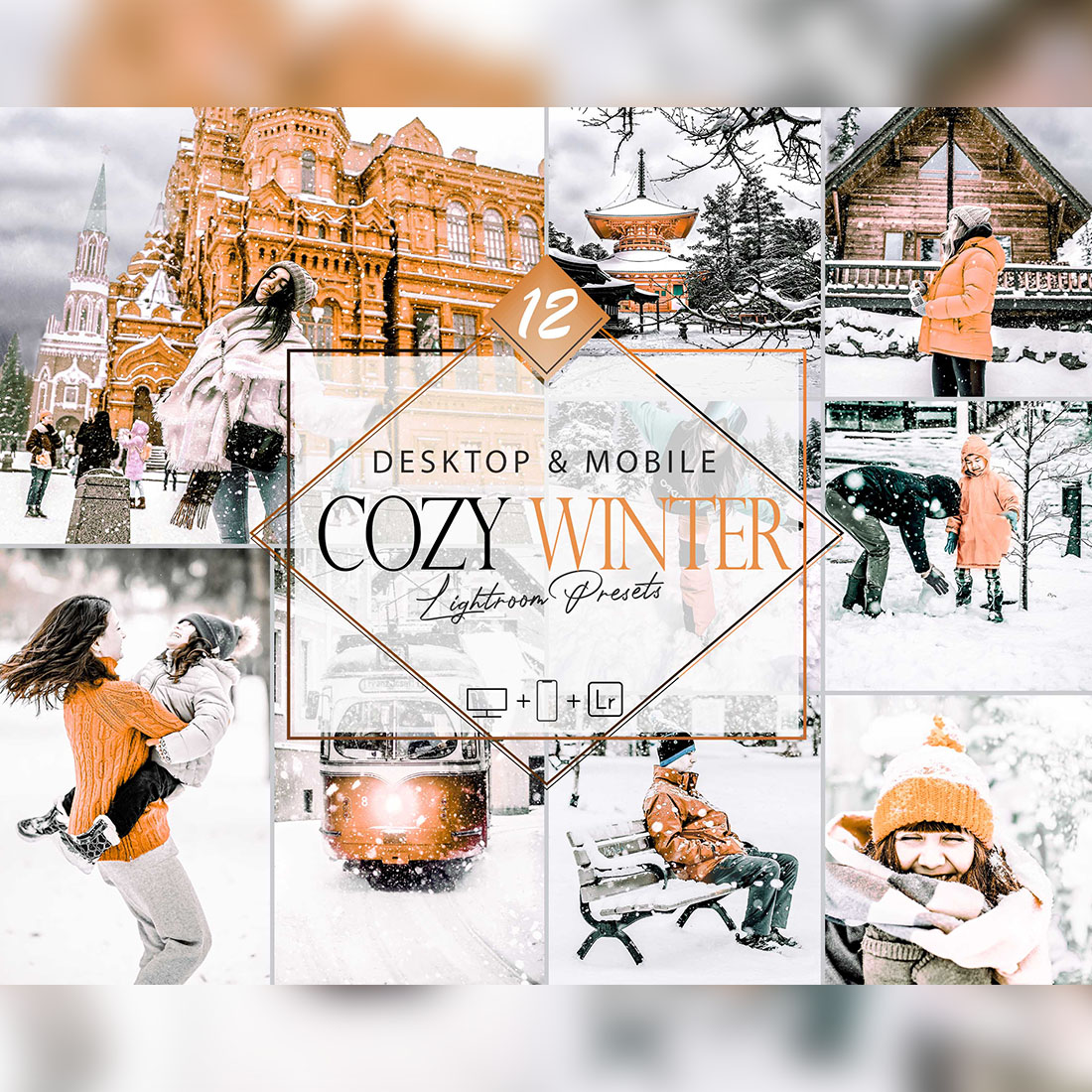 12 Cozy Winter Lightroom Presets, Bright Snow Mobile Preset, Light Orange Desktop LR Filter DNG Portrait Lifestyle Top Theme Blogger, cover image.