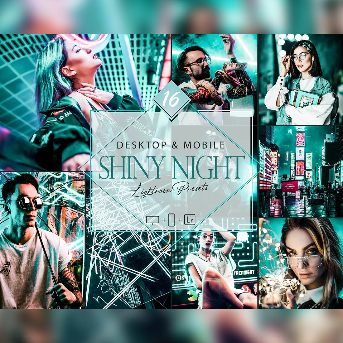 16 Shiny Night Lightroom Presets, Moody Preset, Street Desktop LR Filter, DNG Portrait Lifestyle, Neon Top Theme, Lights Blogger Instagram cover image.