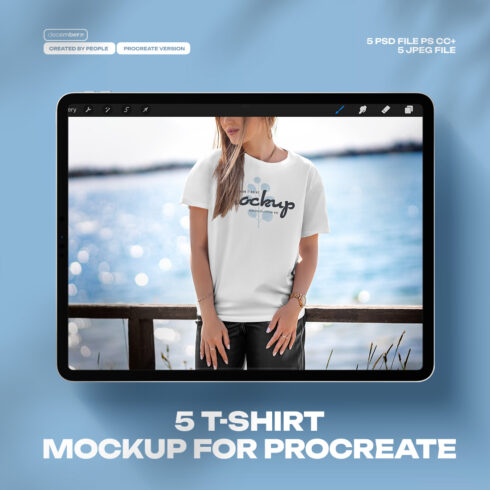 5 Mockups T-Shirt on a Girl in the Outdoor for Procreate on the iPad cover image.