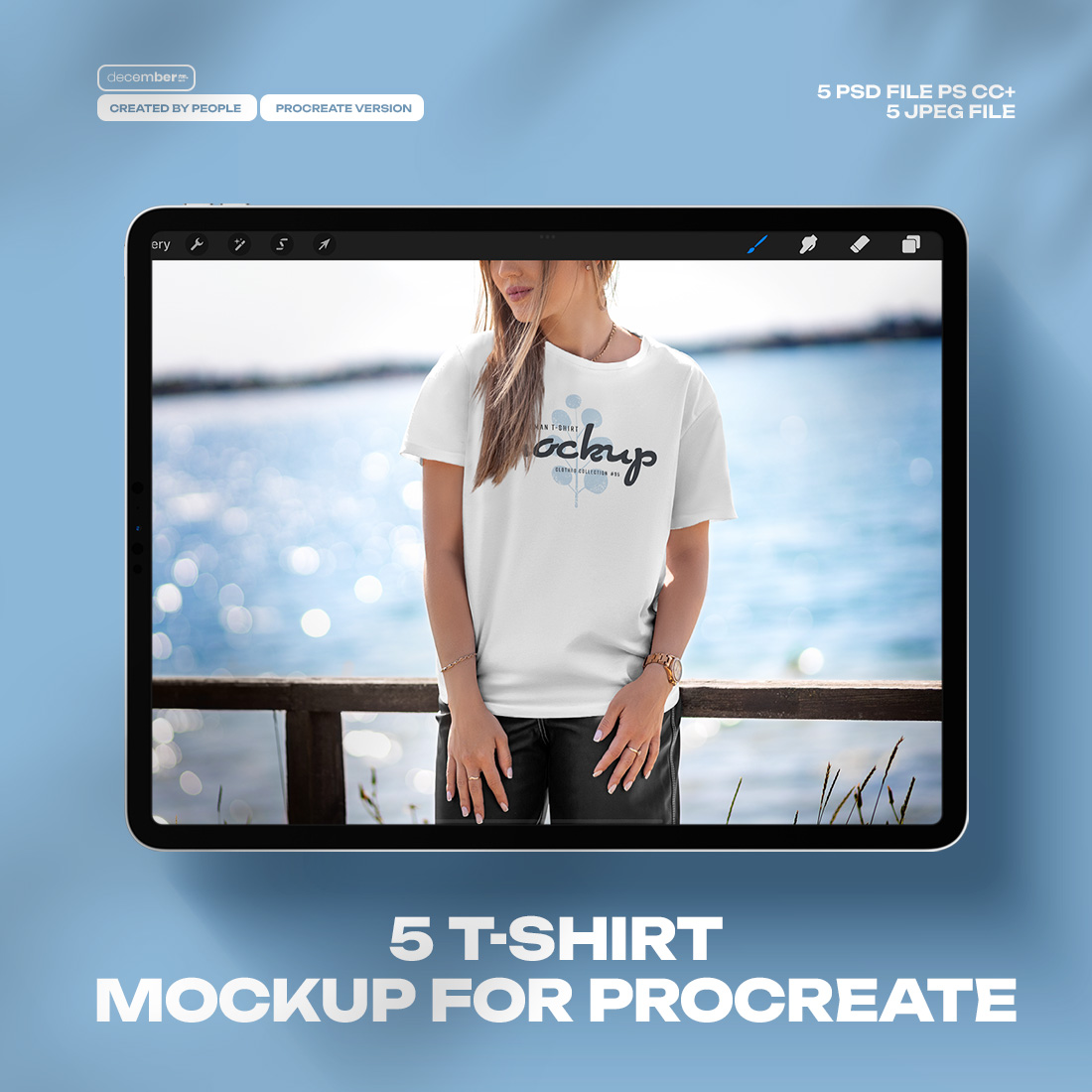 5 Mockups T-Shirt on a Girl in the Outdoor for Procreate on the iPad cover image.