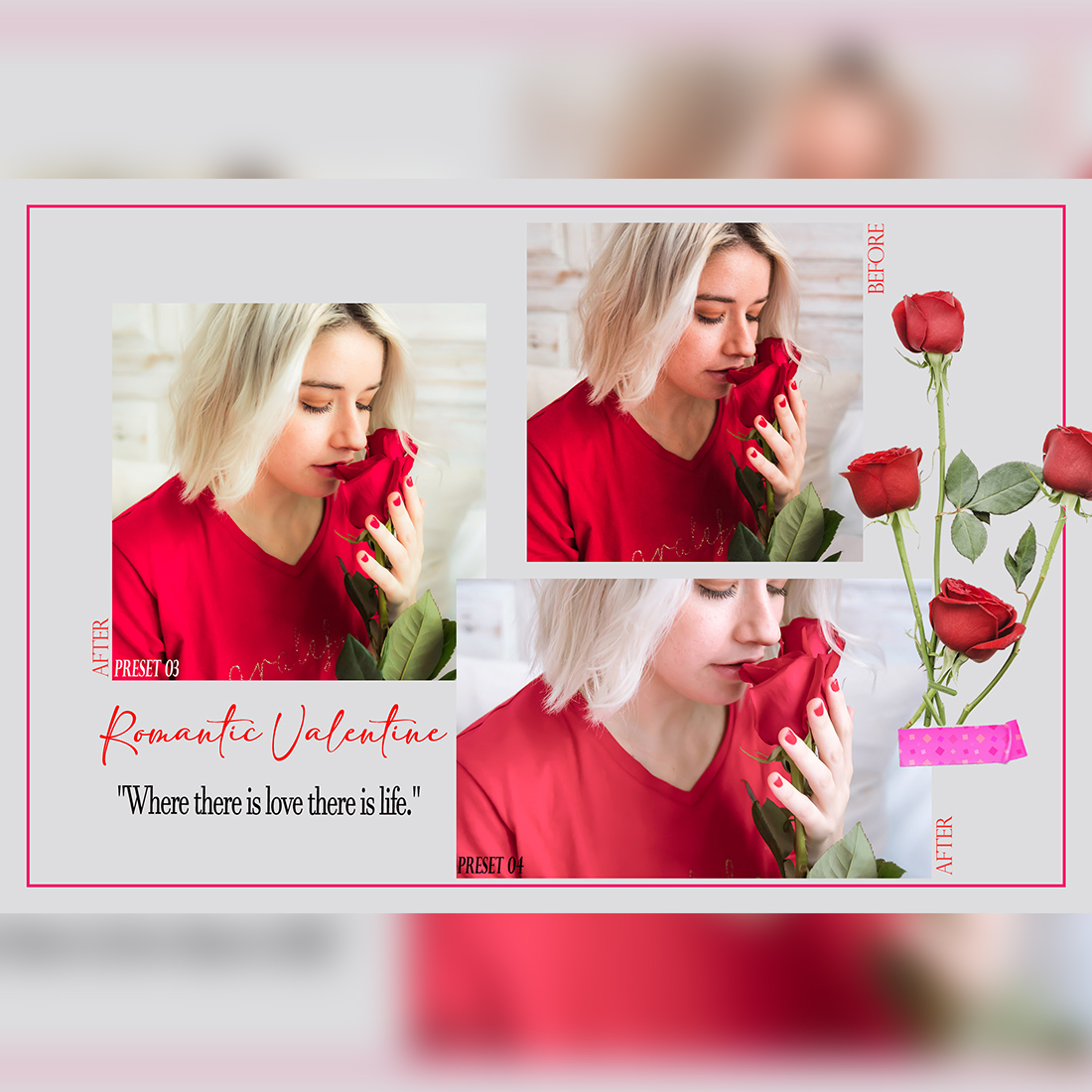 12 Romantic Valentine Lightroom Presets, Red Romance Preset, Lovely Bright Desktop LR Filter, DNG Portrait Lifestyle, Top Theme, Winter Blogger Instagram preview image.