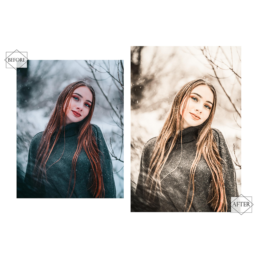 12 Warm Winter Photoshop Actions, Cold Season ACR Preset, Brown Snow Ps Filter, Portrait And Lifestyle Theme For Instagram, Blogger, Autumn Outdoor preview image.