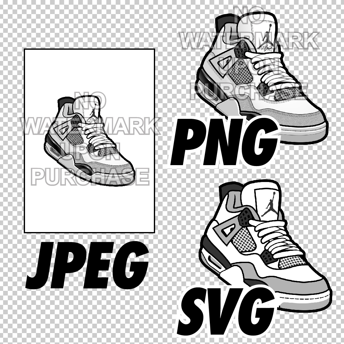 Air Jordan 4 Military Black digital sneaker art in JPEG PNG SVG files preview image.