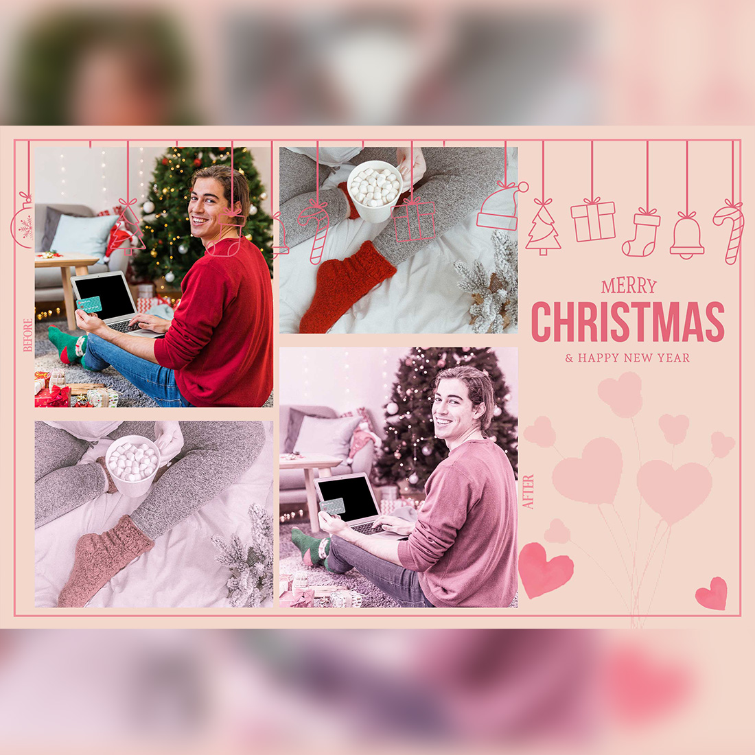 12 Kind Xmas Photoshop Actions, Pink Christmas ACR Preset, Bright Winter Ps Filter, Portrait And Lifestyle Theme For Instagram, Blogger, Autumn Outdoor preview image.