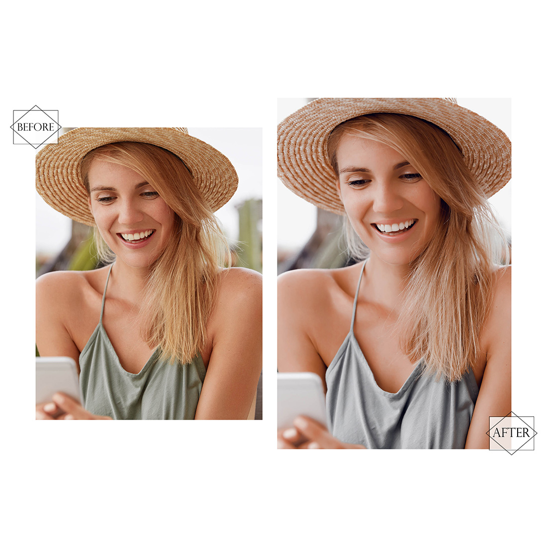 12 Photoshop Actions, Olive Green Ps Action, Nature ACR Preset, Avocado Airy Filter, Lifestyle Theme For Instagram, Coastline Offshore, Bronze portrait preview image.
