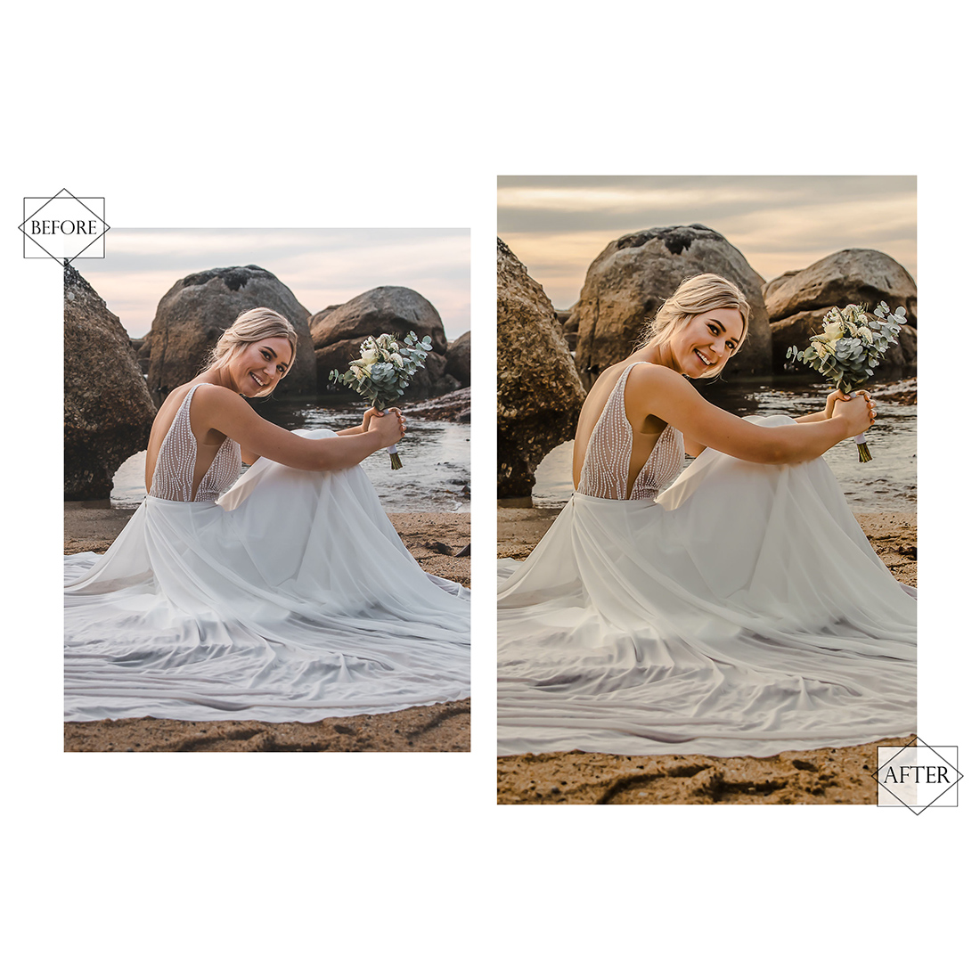 12 Photoshop Actions, Beach Wedding Ps Action, Engagement ACR Preset, Summer Airy Filter, Lifestyle Theme For Instagram, Warm Presets, Bronze portrait preview image.