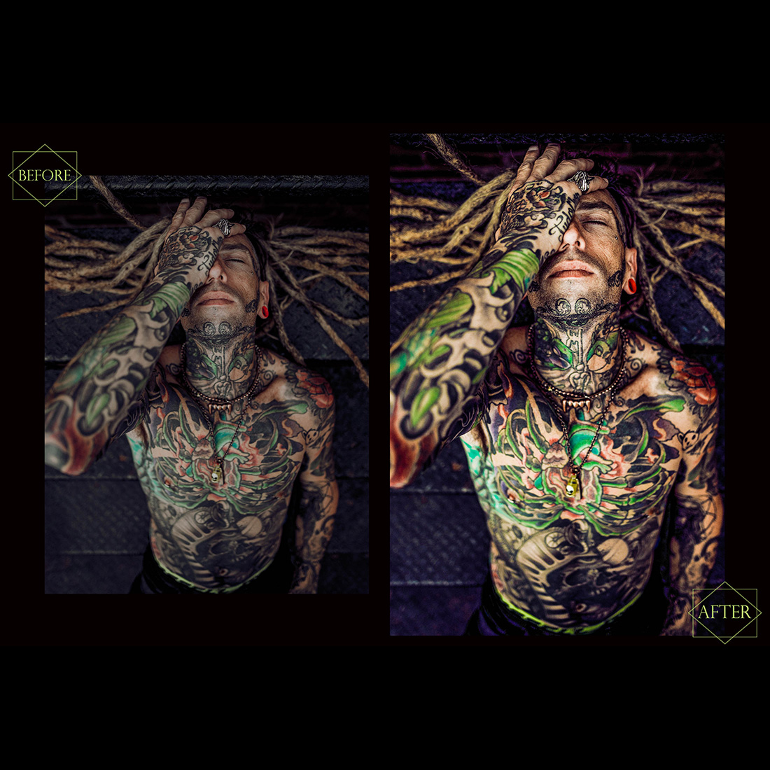 12 Tattoo Photoshop Actions, Soft Retouch ACR Preset, Atractive Body Filter, Portrait And Lifestyle Theme For Instagram, Blogger, Ink preview image.