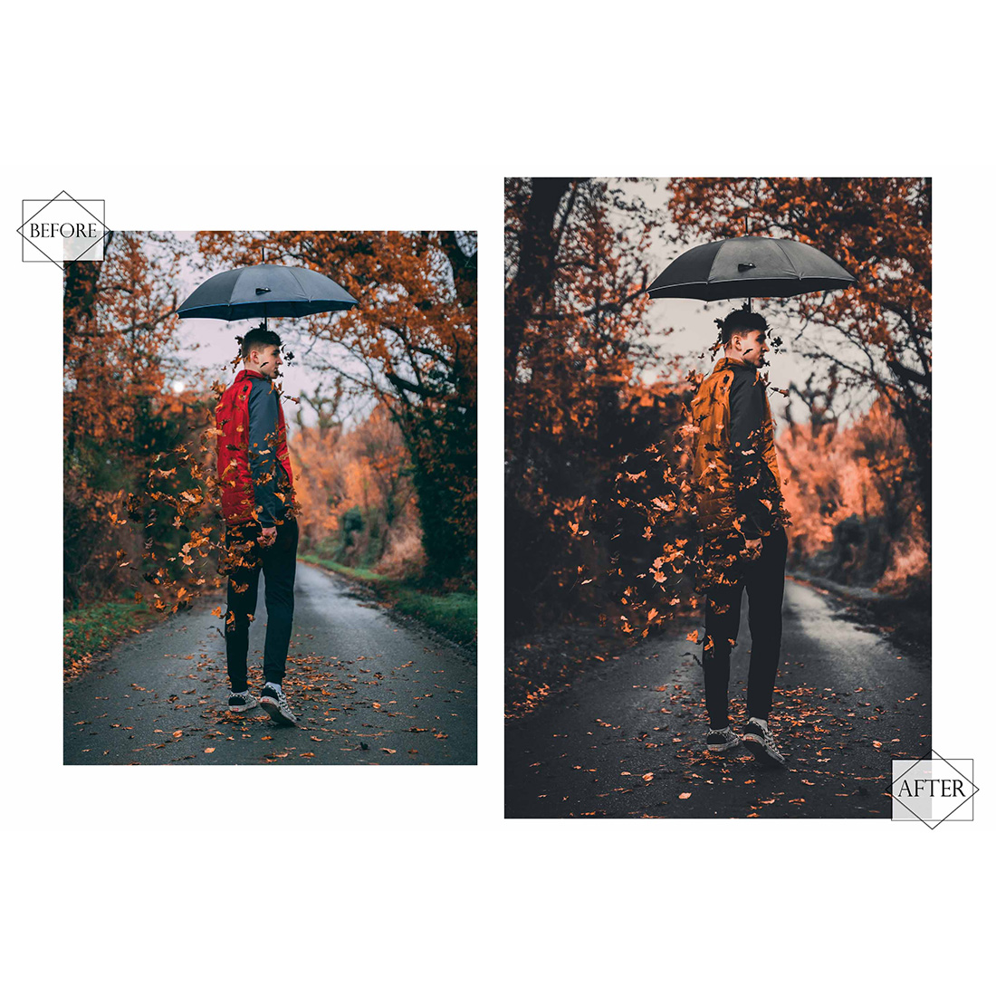 12 Autumn Fall Photoshop Actions, Dark Moody ACR Preset, Orange Ps Filter, Portrait And Lifestyle Theme For Instagram, Blogger, Outdoor preview image.