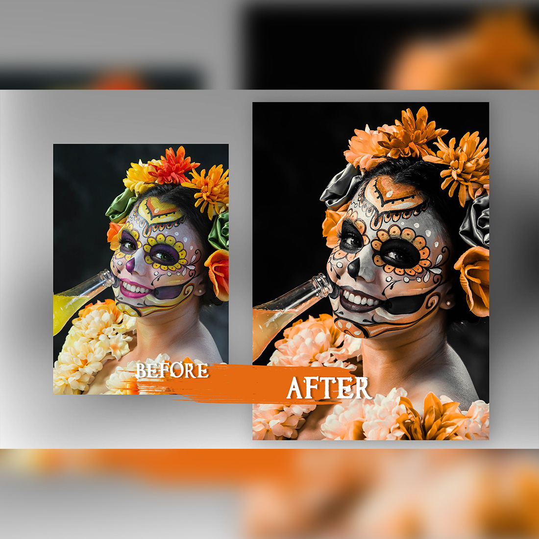 12 Photoshop Actions, Halloween In Color Ps Action, Moody ACR Preset, Fall Filter, Lifestyle Theme For Instagram, Autumn Presets, Gray portrait preview image.
