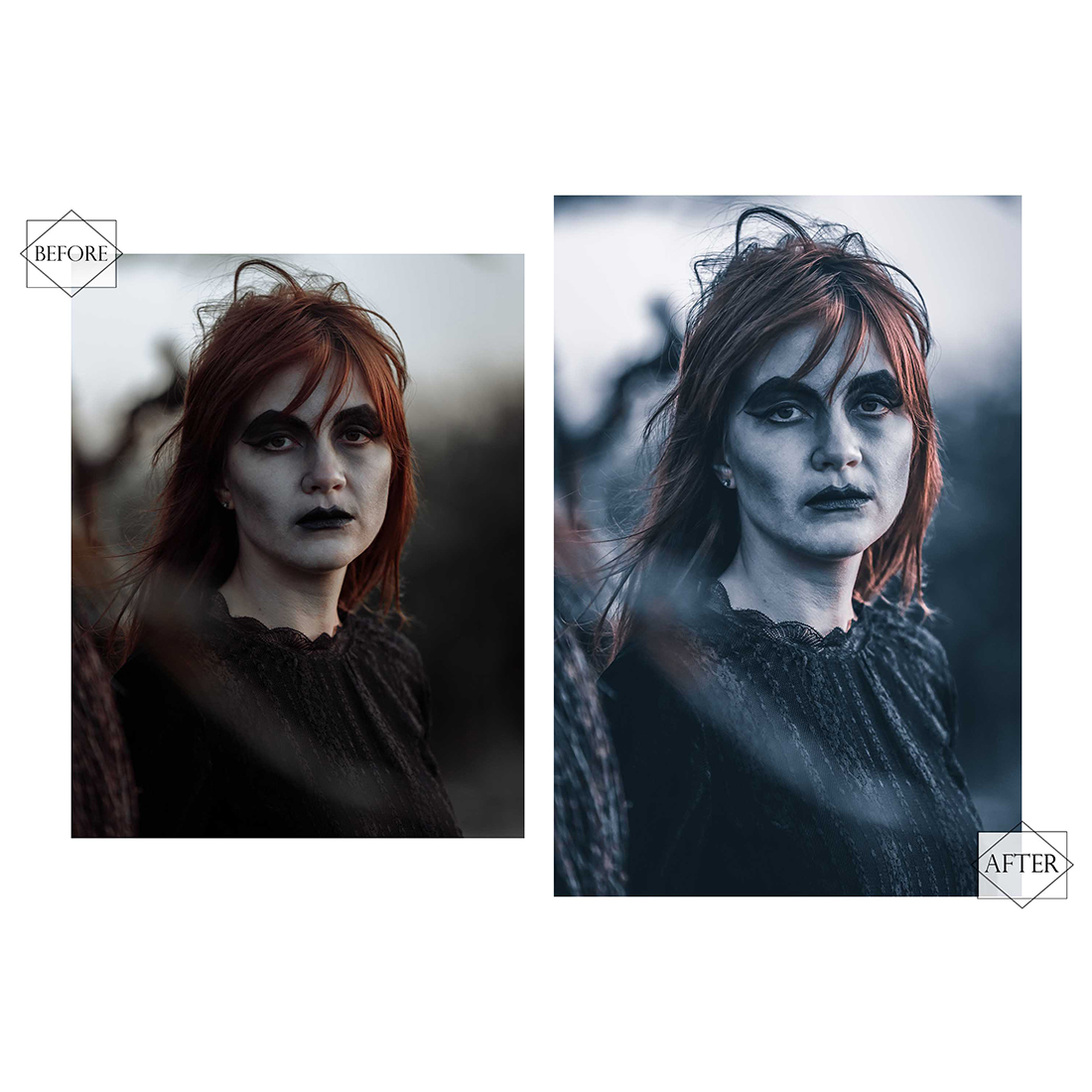 12 Horrorween Lightroom Presets, Moody Halloween Mobile Preset, Dark Horror Desktop LR Filter DNG Portrait Lifestyle Top Theme Blogger preview image.