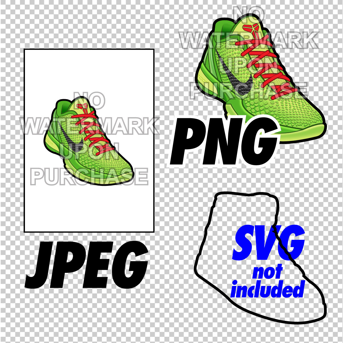 Kobe 6 Grinch with lace swap digital sneaker art in JPEG PNG files preview image.