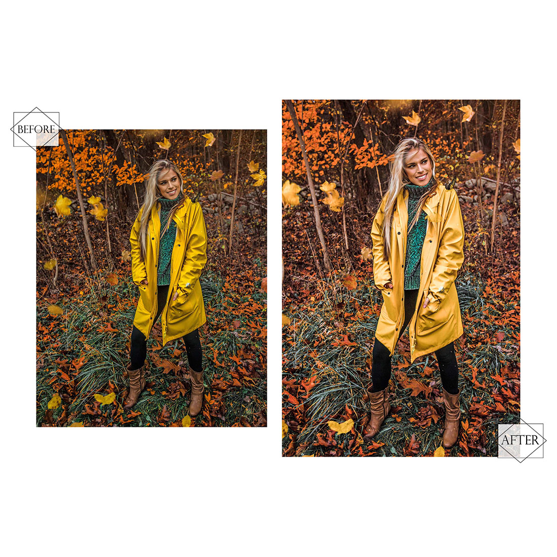 12 Photoshop Actions, Yellow Autumn Ps Action, Yellow ACR Preset, Saturation Filter, Lifestyle Theme For Instagram, Coastline Offshore, Bronze portrait preview image.