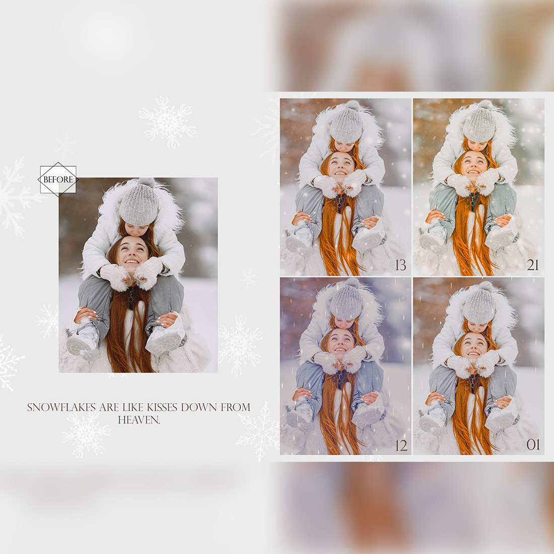 24 Snowfall Photoshop Actions, Winter ACR Preset, Snow Overlay Ps Filter, Portrait And Lifestyle Theme For Instagram, Blogger, Outdoor preview image.