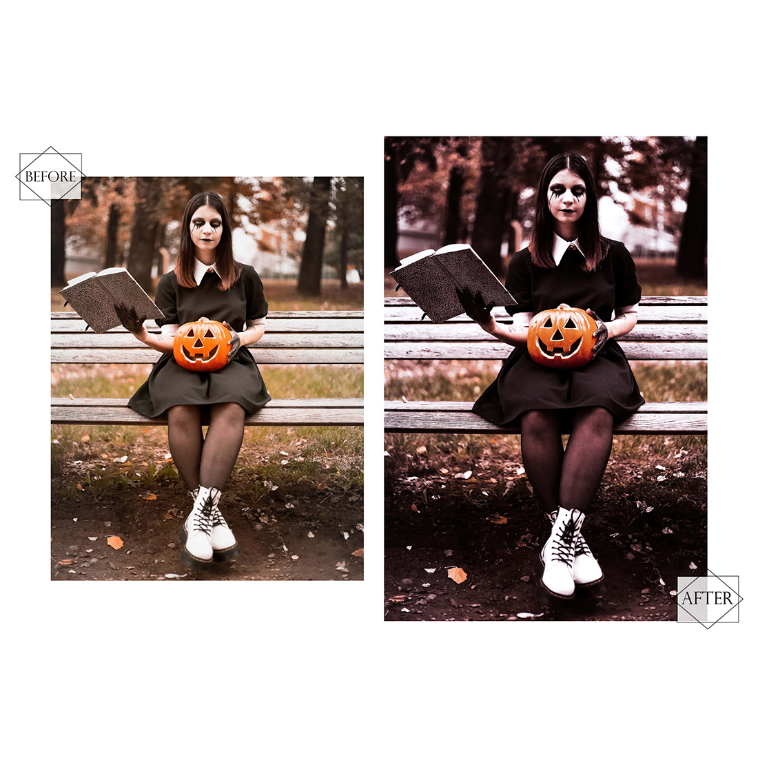 12 Halloween Time Photoshop Actions, Moody ACR Preset, Dark Filter, Portrait And Lifestyle Theme For Instagram, Blogger, Outdoor preview image.