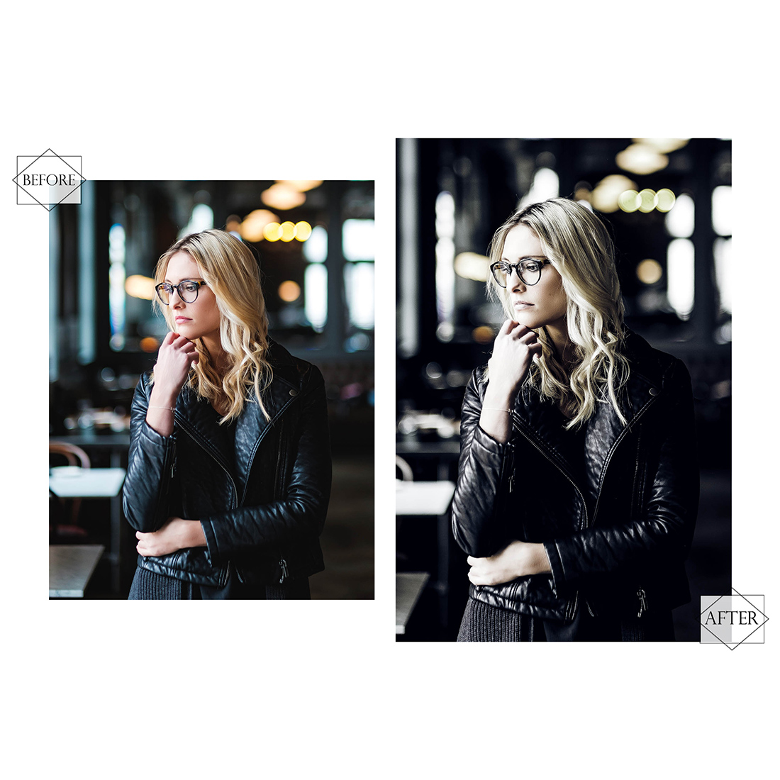 12 Modern Noir Photoshop Actions, Winter Fashion ACR Preset, Monochromatic Ps Filter, Portrait And Lifestyle Theme For Instagram, Blogger, Autumn Outdoor preview image.