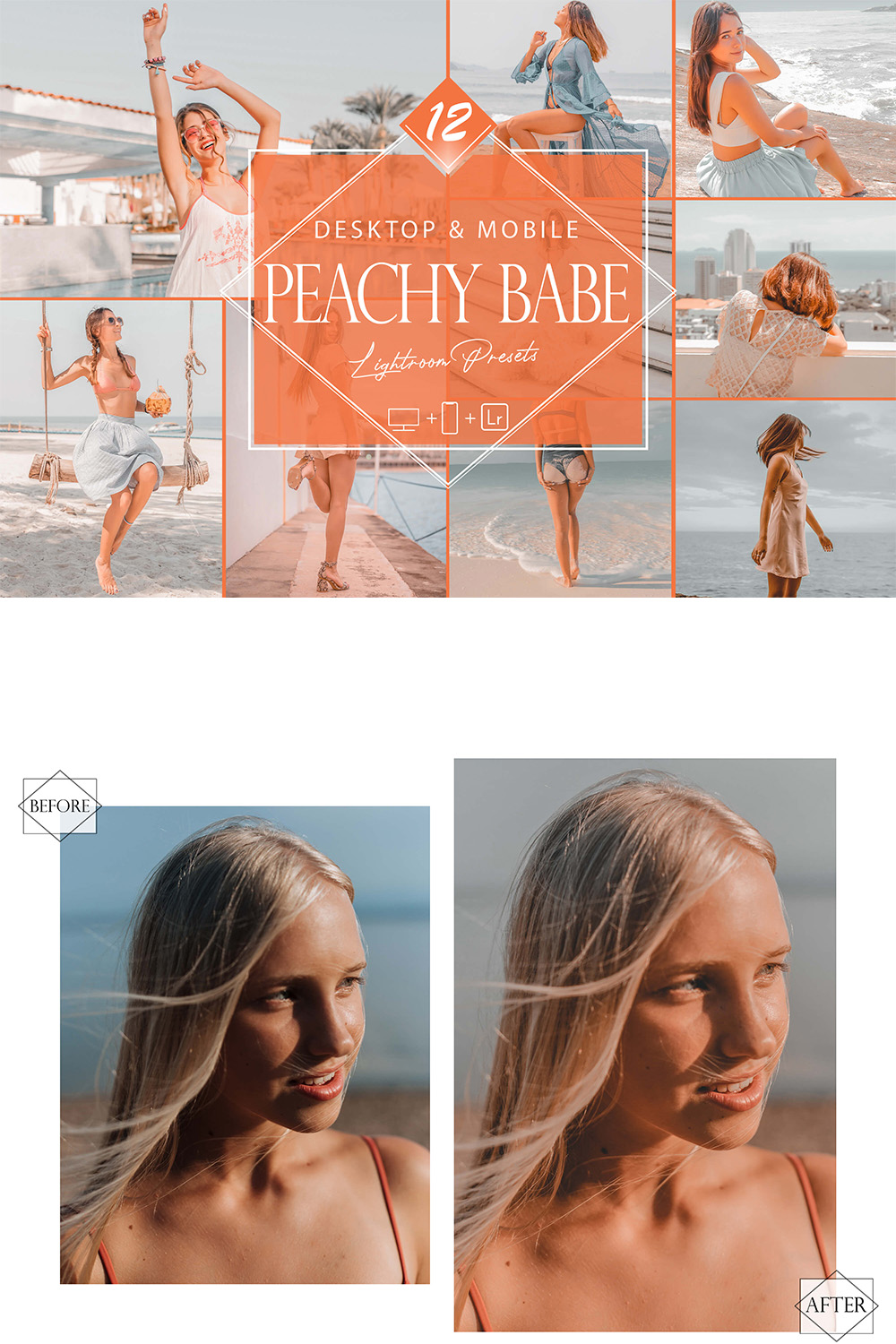 12 Peachy Babe Lightroom Presets, Orange Mobile Preset, Summer Desktop LR Filter DNG Portrait Lifestyle Theme Bright Blogger Instagram pinterest preview image.