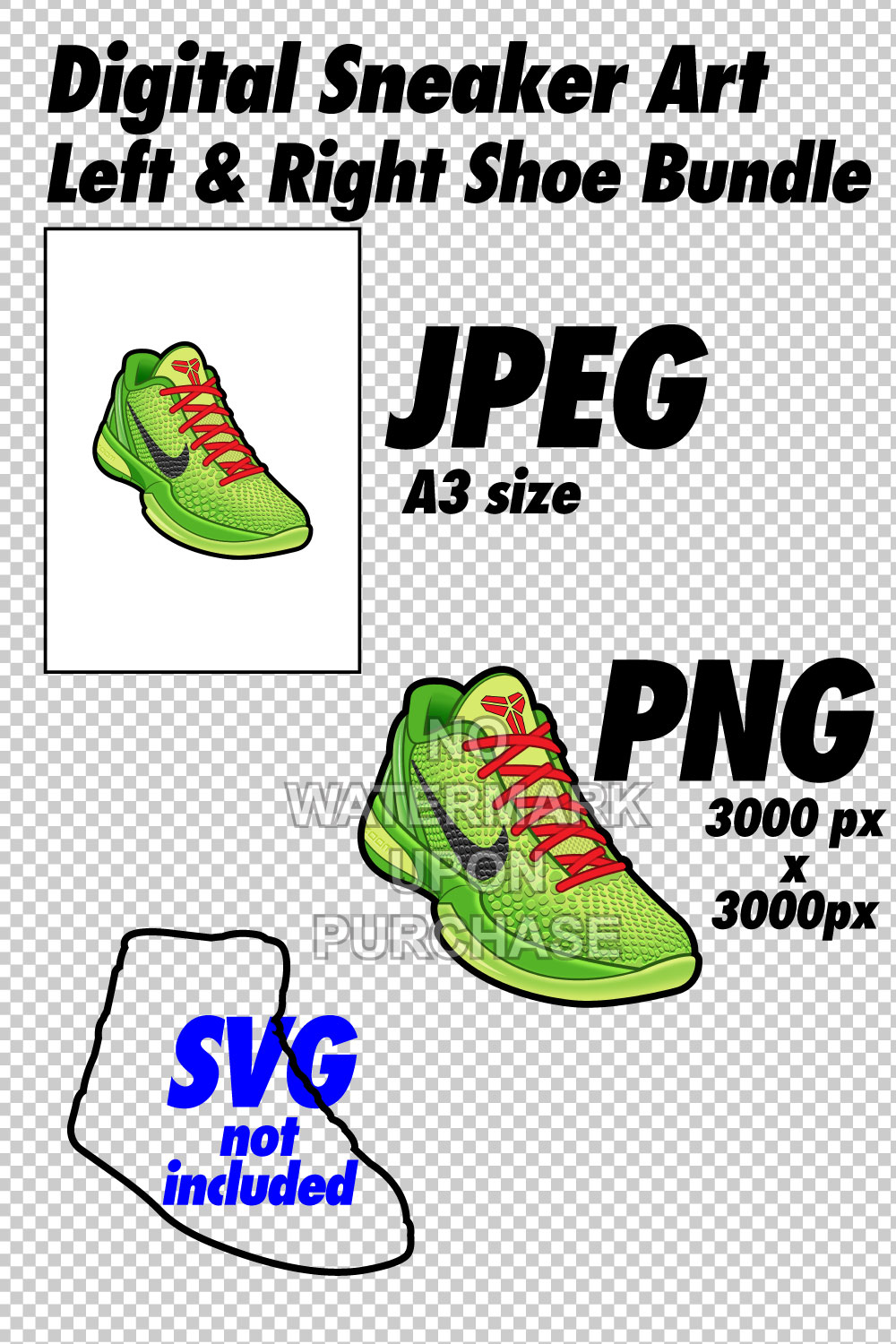 Kobe 6 Grinch with lace swap digital sneaker art in JPEG PNG files pinterest preview image.