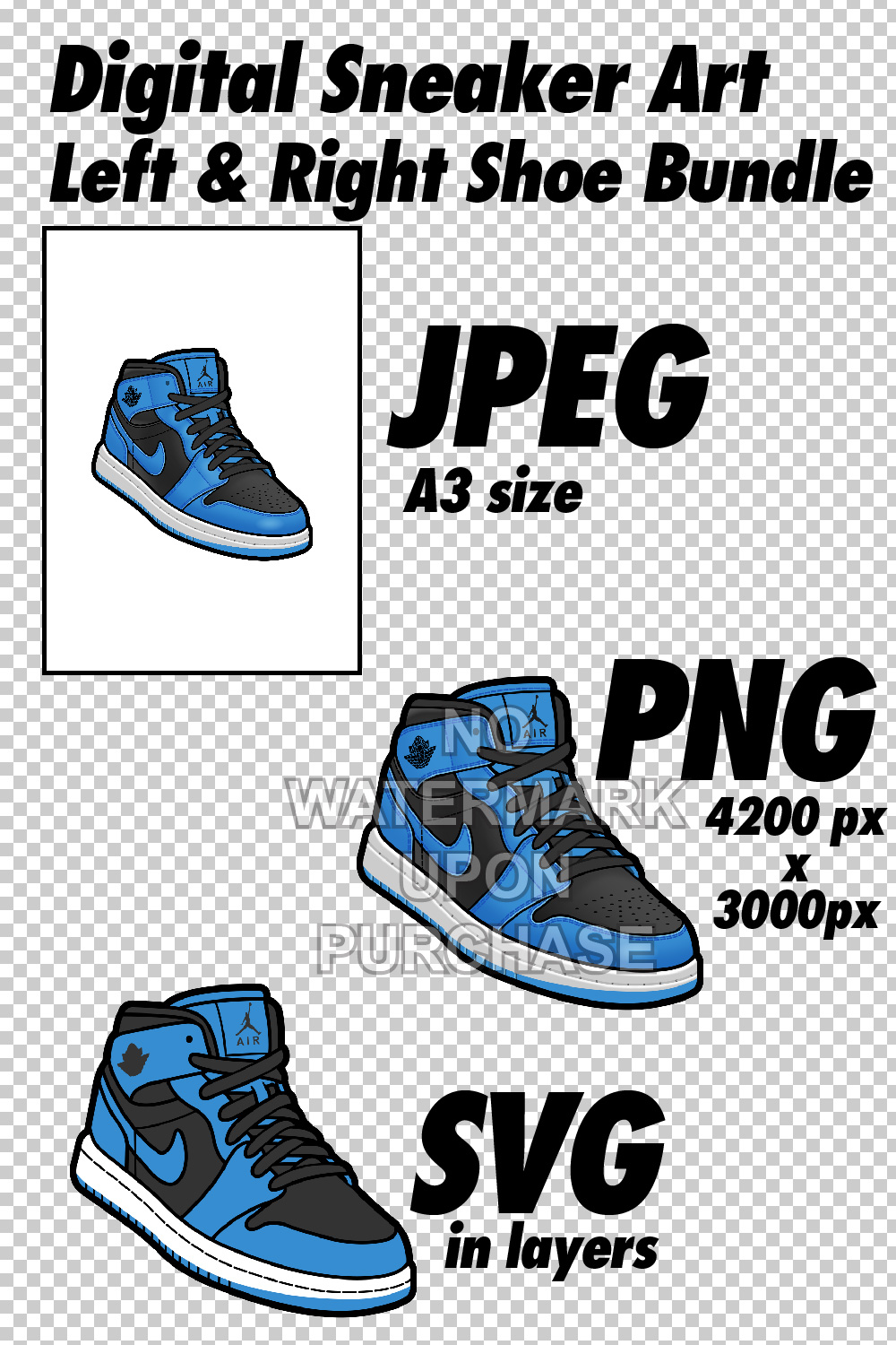 Air Jordan 1 mid Black University Blue digital sneaker art in JPEG PNG SVG files pinterest preview image.