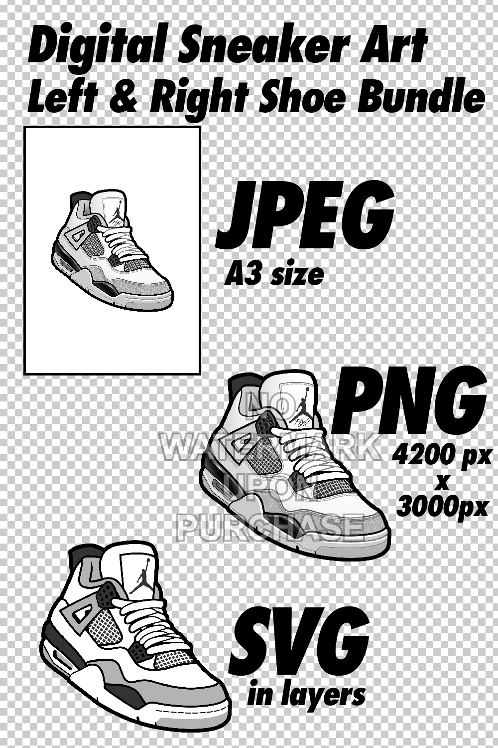 Air Jordan 4 Military Black digital sneaker art in JPEG PNG SVG files pinterest preview image.