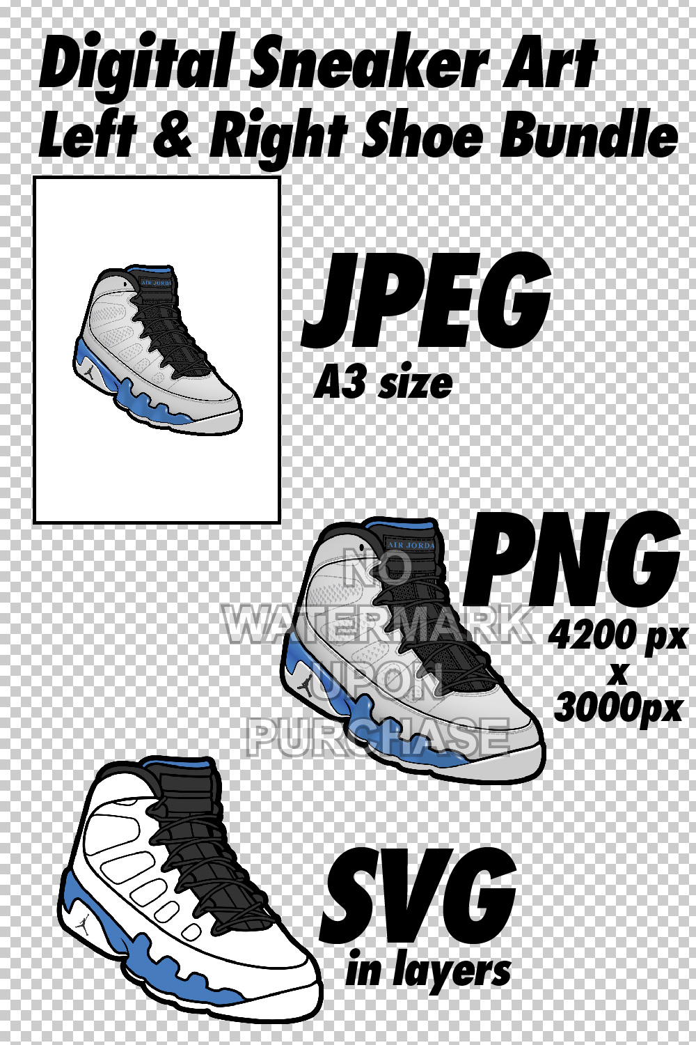 Air Jordan 9 Powder Blue JPEG PNG SVG Digital Sneaker Art pinterest preview image.