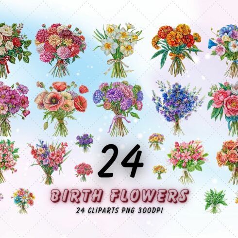 24 Birth Month Flower Sublimation Clipart, Watercolor Birth Month Flower Clipart cover image.
