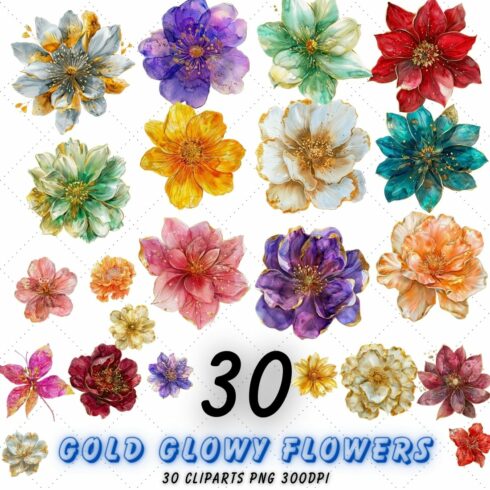 Gold Glowy Flowers Clipart Bundle | Watercolor Flower Png cover image.