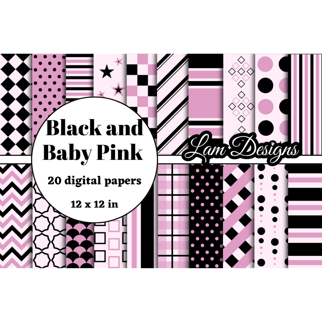 black and baby pink digital papers preview image.