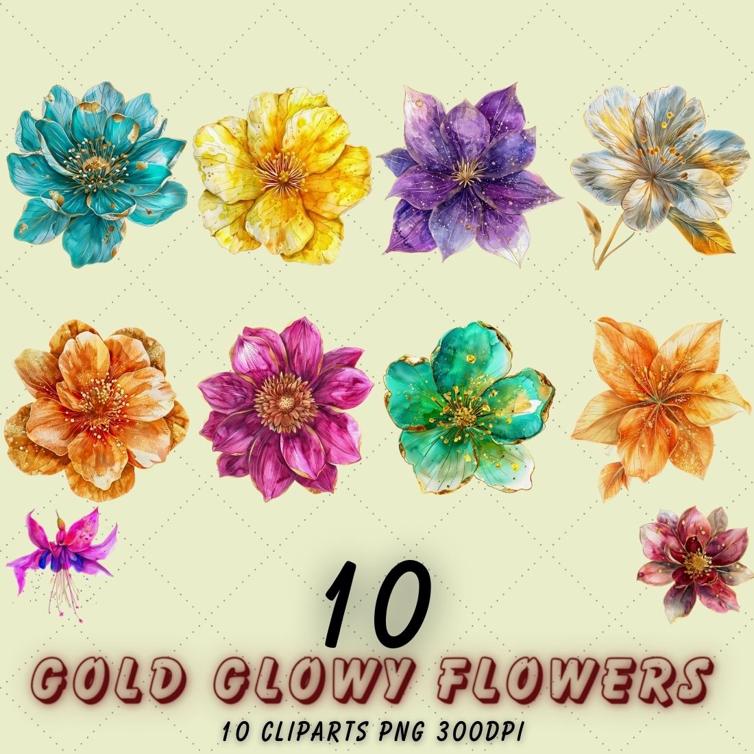 Golden Flower Clipart, Glowy Floral PNG, Watercolor Flowers cover image.