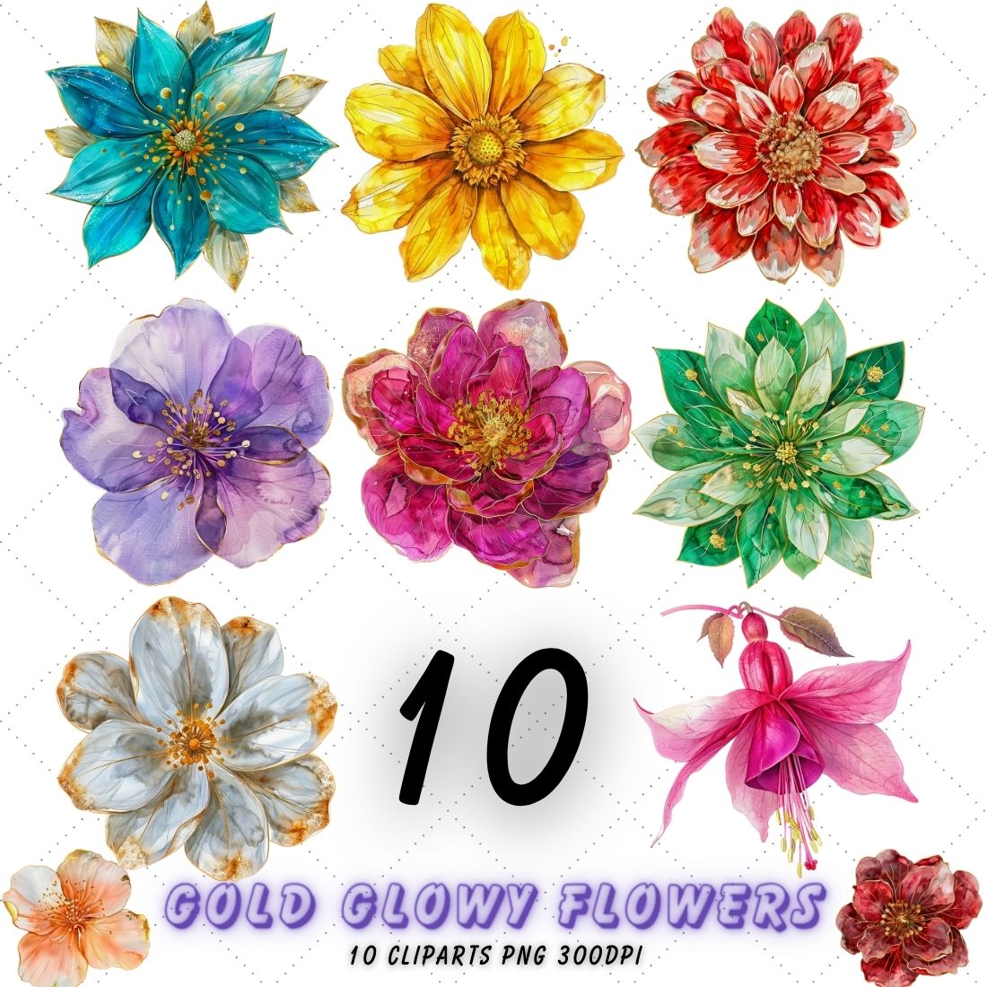 Gold Glowy Flowers Clipart, Flower PNG, watercolor flowers cover image.