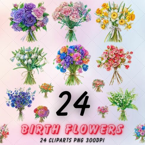 Birth Month Flower Clipart, Birth Flower PNG, Birth Month Flower Bouquet, Mother's Day Gift, Watercolor Birth Month Flowers, Floral cover image.