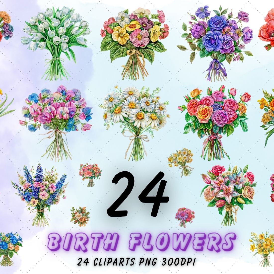 Birth Month Flower Clipart, Birth Flower PNG, Antique Floral PNG, Personalized Flower Bouquet Graphic, Birthday Flower, Floral Botanical PNG cover image.