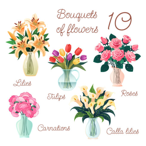 10 Cartoon Flower Bouquets Vector Set cover image.