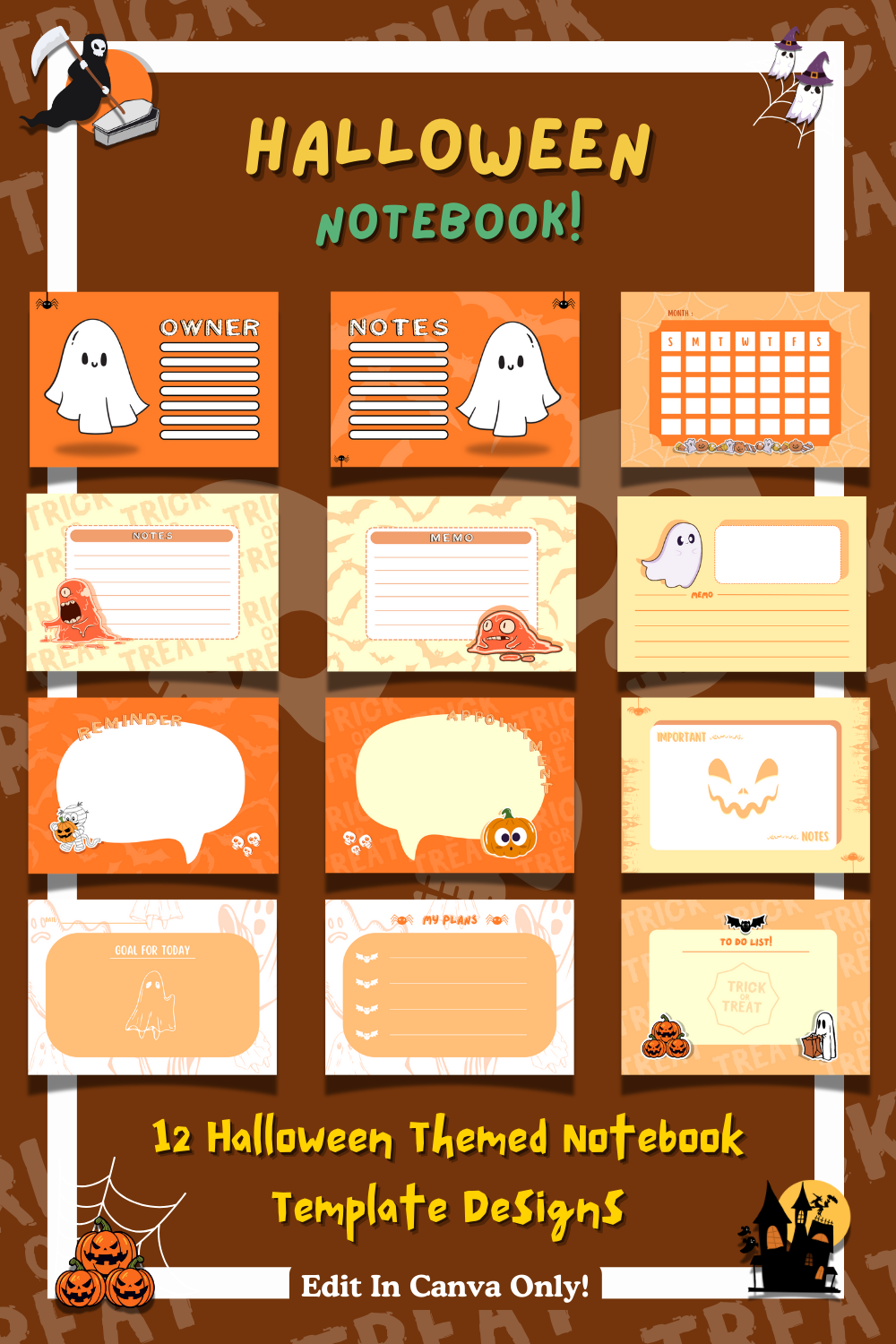 12 Cute Halloween Notebook and Planner Templates - Only 8 pinterest preview image.