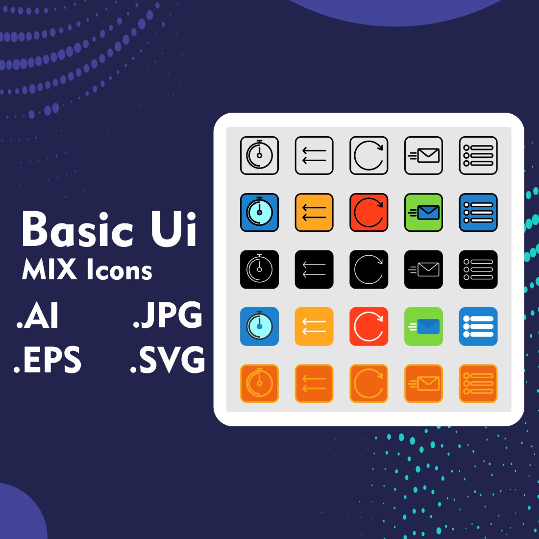 Set of 25 Basic UI icons related to Timer,Left arrow,reloading,email,more preview image.