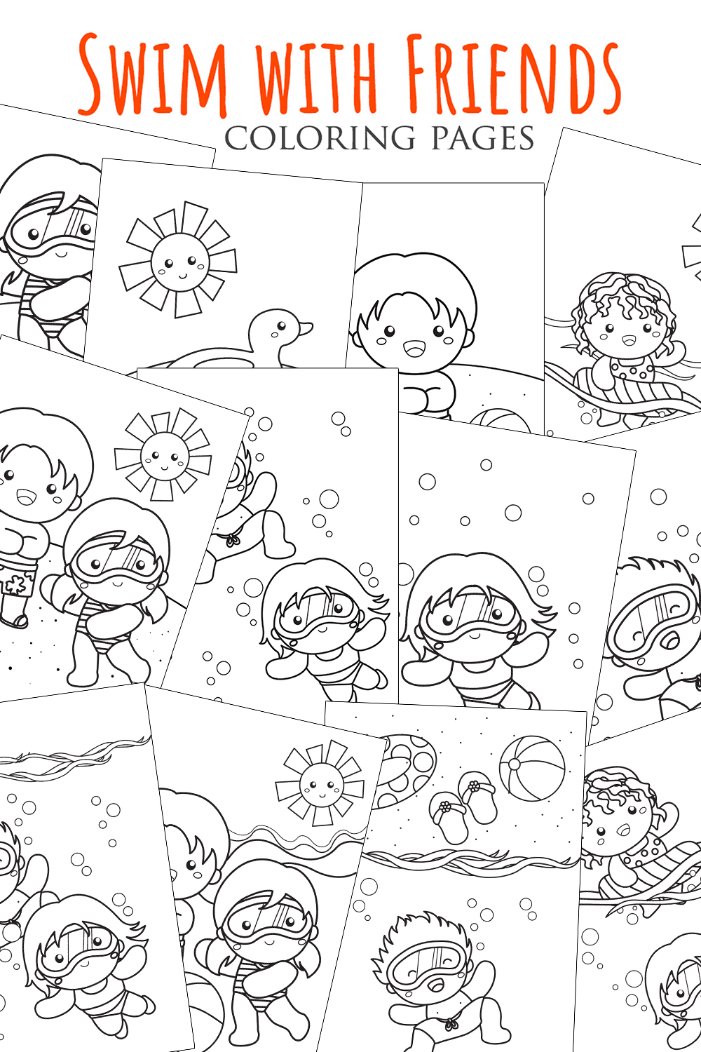 Happy dan Fun Holiday Time Summer Beach Swimming with Friends Water Sport Cartoon Coloring Activity for Kids and Adult pinterest preview image.