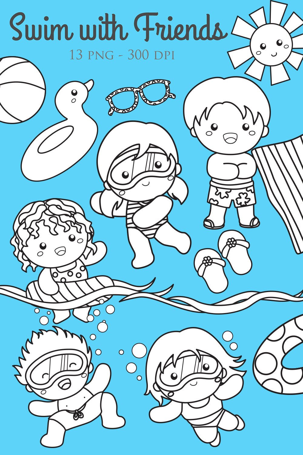 Kids Boy Girl Swimming with Friends Holiday Activity Beach Summer Time Cartoon Digital Stamp Outline Black and White pinterest preview image.