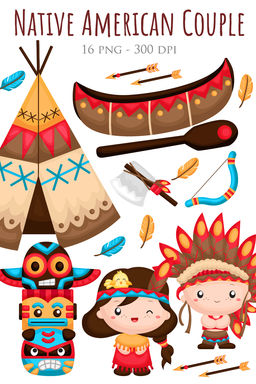 Cute Native American Couple Kids Indians Culture Costume and Ornaments Decoration Object Cartoon Illustration Vector Clipart Sticker Background pinterest preview image.