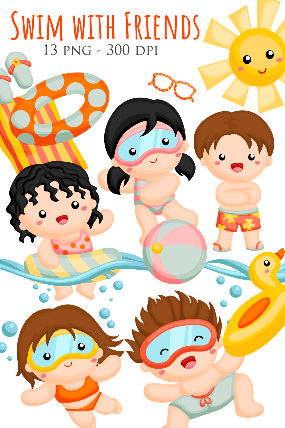 Cute Colorful Kids Swimming with Friends Holiday Time Activity Summer Beach Pool Water Sport Cartoon Illustration Vector Clipart Sticker Decoration Background Art pinterest preview image.