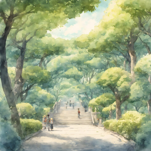 Central park, style of children book watercolor illustration cover image.