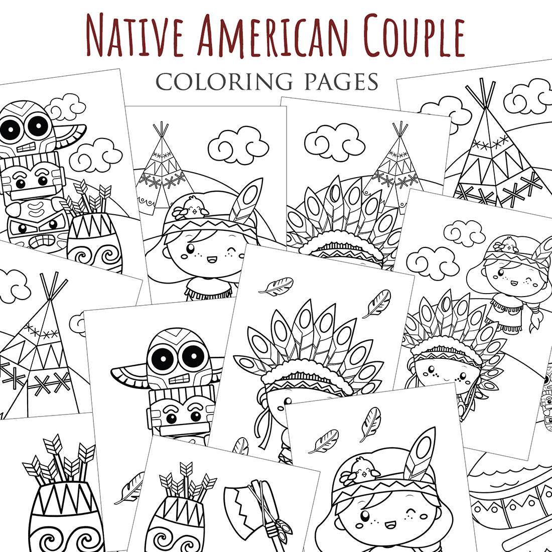 Cute Native American Indian Culture Kids Girl Boy Ancient Ornaments Costume Object Cartoon Coloring Activity for Kids and Adult cover image.