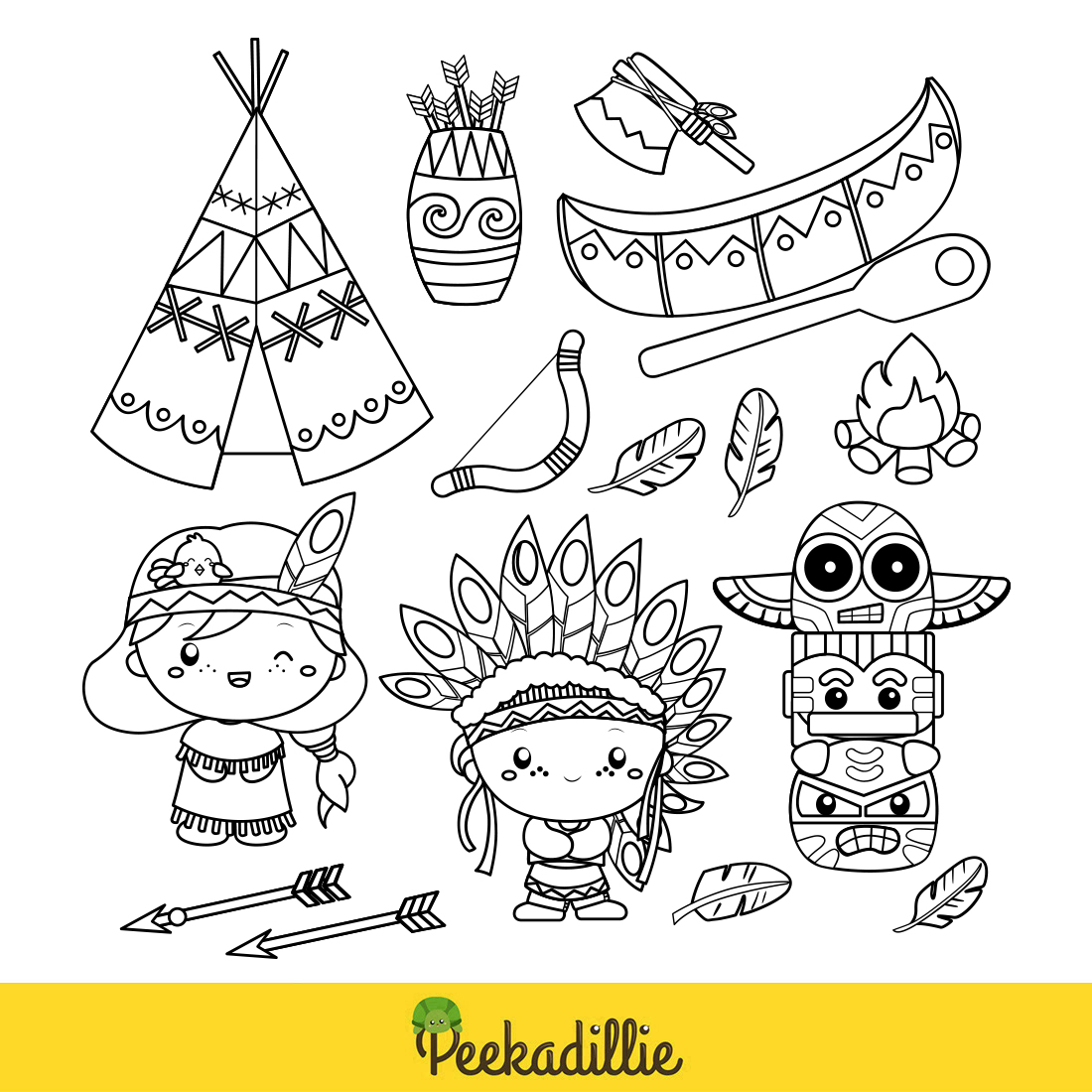 Cute Native American Indian Culture Kids Girl Boy Ancient Ornaments Costume Object Cartoon Coloring Activity for Kids and Adult preview image.