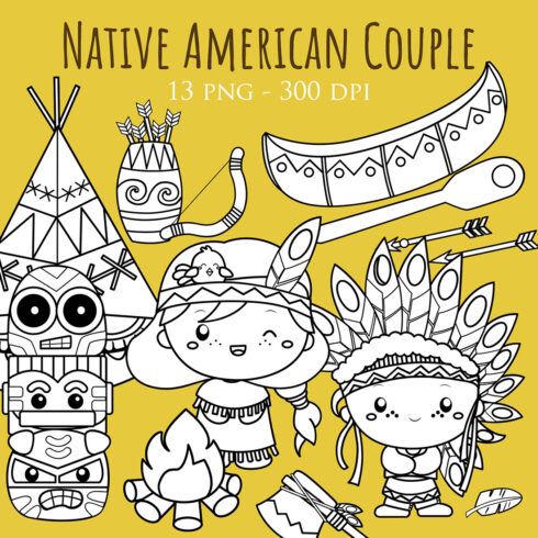 Cute Native American Indian Culture Kids Girl Boy Ancient Ornaments Costume Object Cartoon Digital Stamp Outline Black and White cover image.