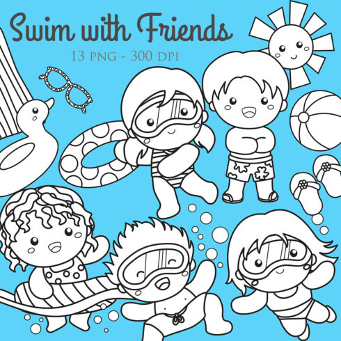 Kids Boy Girl Swimming with Friends Holiday Activity Beach Summer Time Cartoon Digital Stamp Outline Black and White cover image.