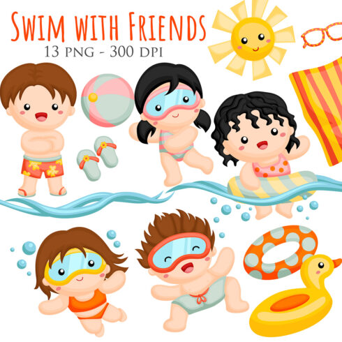 Cute Colorful Kids Swimming with Friends Holiday Time Activity Summer Beach Pool Water Sport Cartoon Illustration Vector Clipart Sticker Decoration Background Art cover image.