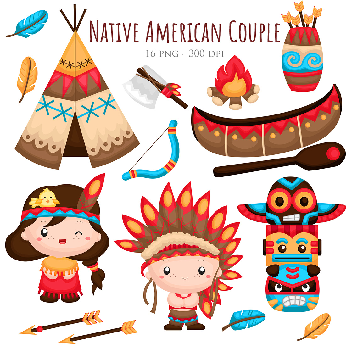Cute Native American Couple Kids Indians Culture Costume and Ornaments Decoration Object Cartoon Illustration Vector Clipart Sticker Background cover image.