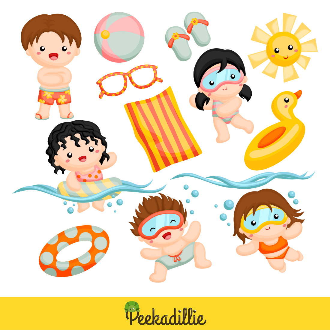 Cute Colorful Kids Swimming with Friends Holiday Time Activity Summer Beach Pool Water Sport Cartoon Illustration Vector Clipart Sticker Decoration Background Art preview image.