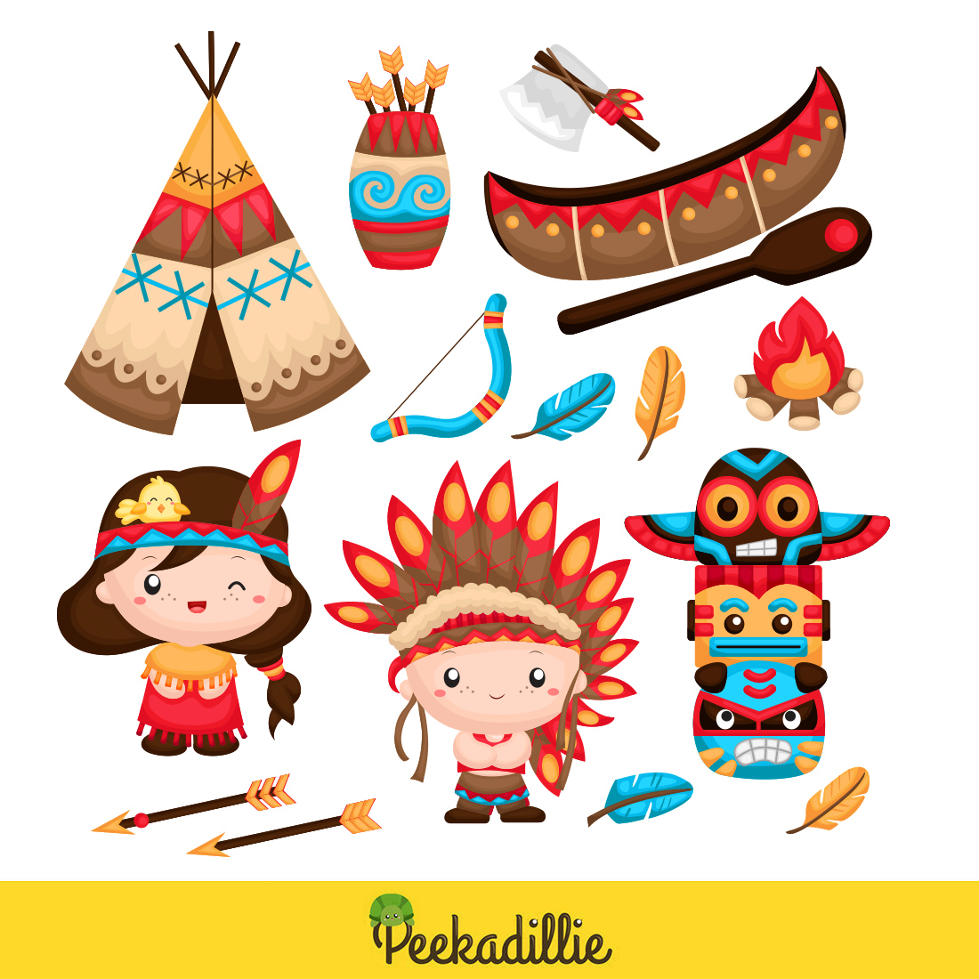 Cute Native American Couple Kids Indians Culture Costume and Ornaments Decoration Object Cartoon Illustration Vector Clipart Sticker Background preview image.